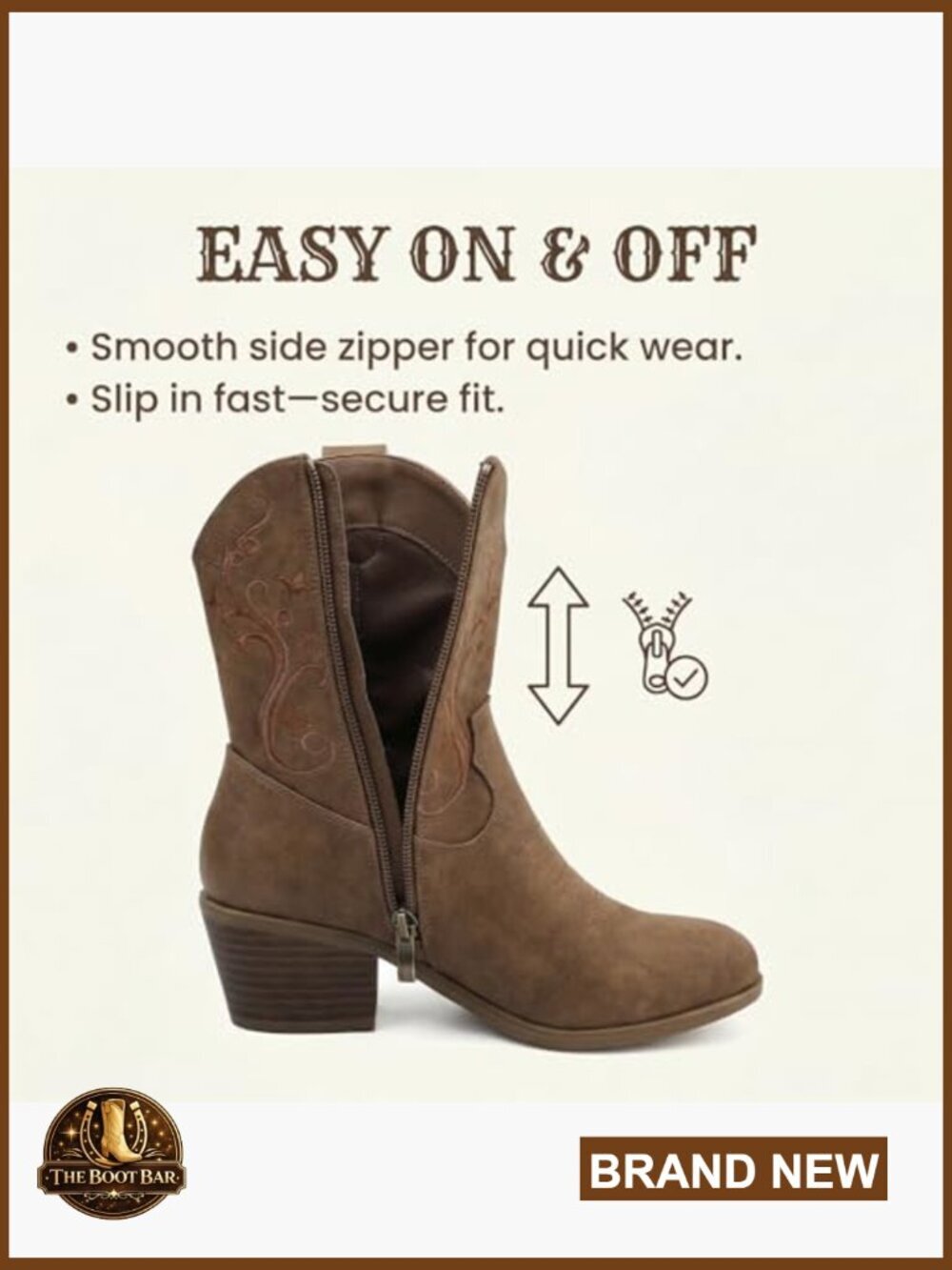 Women's Western Ankle Boots with Embroidered Design and Side Zipper - Picture 2 of 7